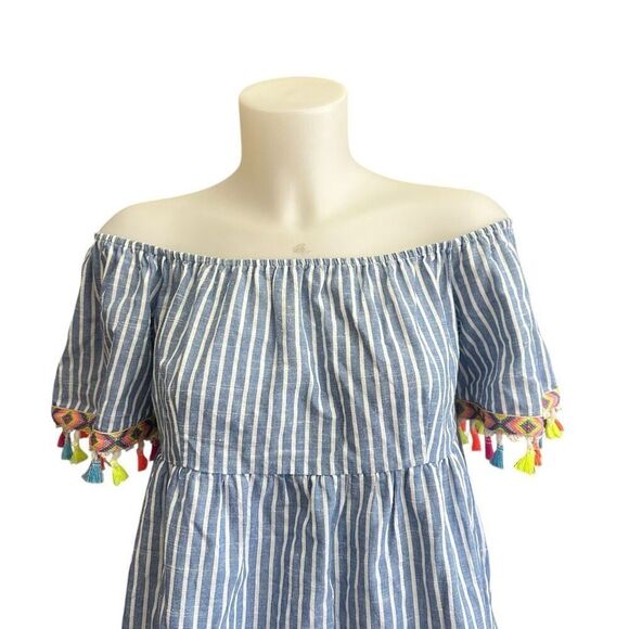 Entro Womens Blue White Striped Off Shoulder Tassel Preppy Hip Blouse Medium - Picture 2 of 9